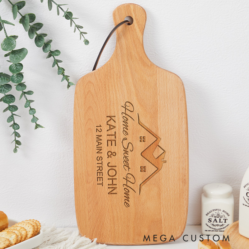Personalized Home Sweet Home Wooden Cutting Board with Custom Names Address and House Design for Housewarming Gifts