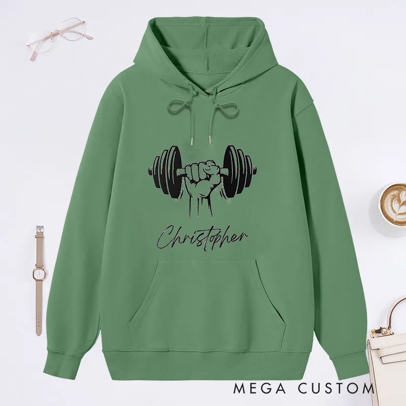 Personalized Fitness Classic Hoodies with Dumbbell Hand Design for Fitness Enthusiasts Bodybuilders and Gym Lovers