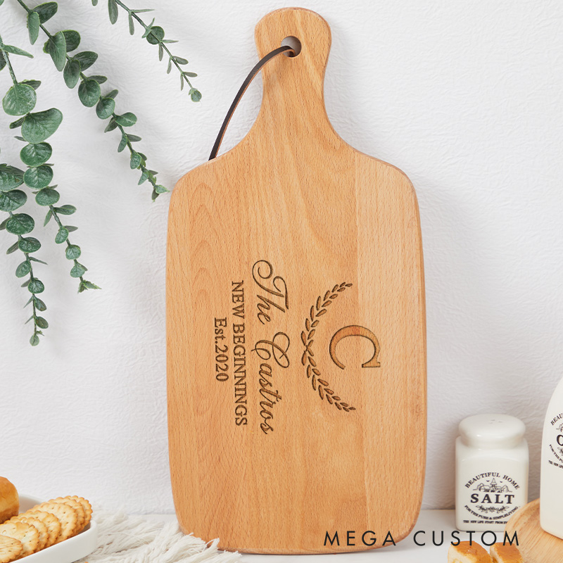 Personalized New Beginnings Cutting Board with Custom Name and Date for Housewarming Gifts
