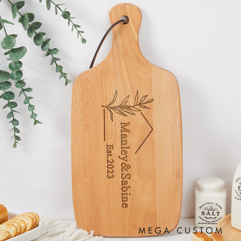 Personalized New Home Greenery Design Wooden Cutting Board with Custom Names Date for Housewarming