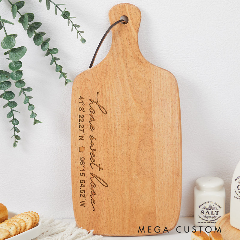 Personalized Home Sweet Home Wooden Cutting Board with Custom Coordinates for Housewarming Gifts