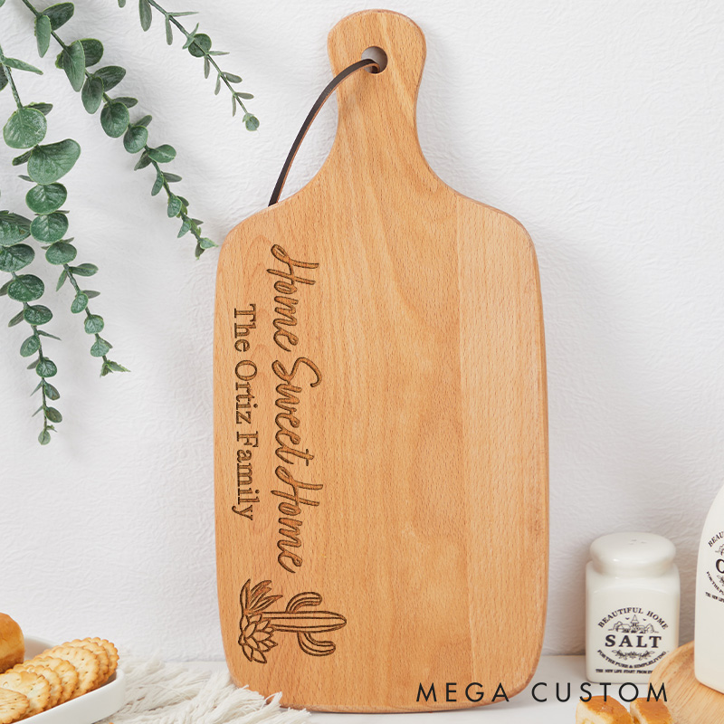 Personalized Home Sweet Home Wooden Cutting Board with Cactus and Custom Family Name for Housewarming Gifts