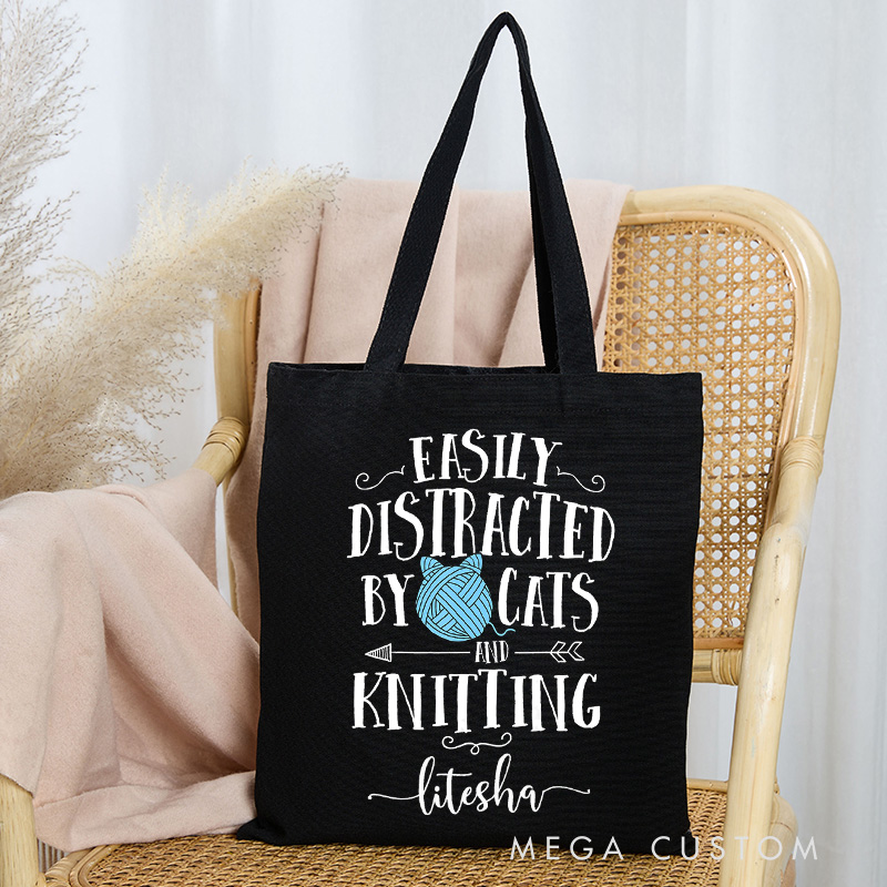 Personalized Easy Distracted By Cats And Knitting Tote Bag Gift for Cat Lovers and Knitting Enthusiasts