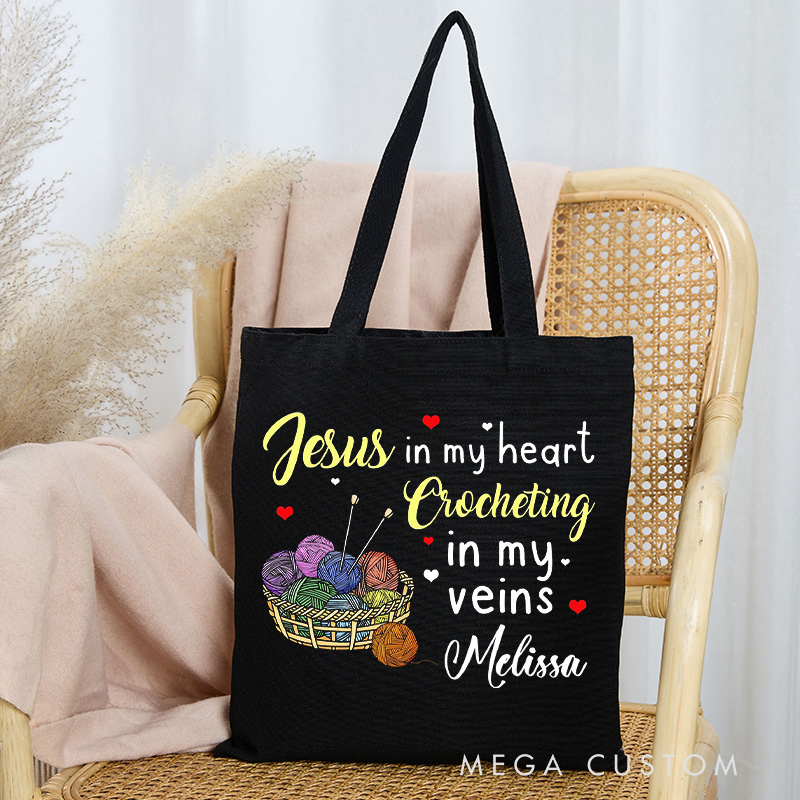 Personalized Jesus In My Heart Crocheting In My Veins Tote Bag Gift for Knitting Lovers