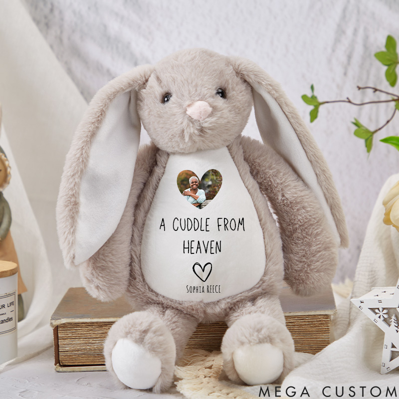Personalized Memorial Bunny with Photo a Cuddle from Heaven Custom Name Bunny Rabbit Keepsake Newborn Gift Loss of Loved One Sympathy Gift 