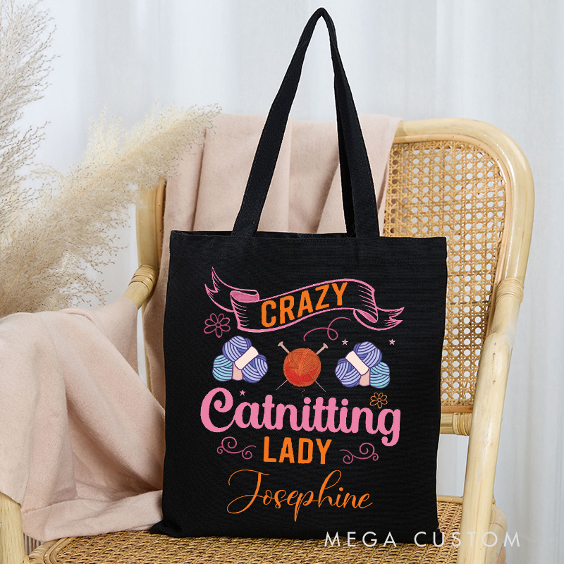 Personalized Crazy Catnitting Lady Tote Bag Crochet Yarn Lovers Gift for Knitting Enthusiasts