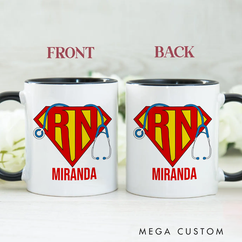Personalized Nurse Mug Super RN Hero Shield Design Coffee Mug Gift