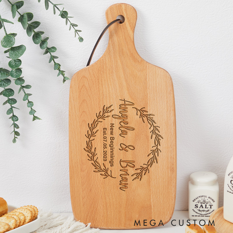 Personalized Laurel Wreath New Beginnings Wooden Cutting Board with Custom Names Date for Housewarming Gifts