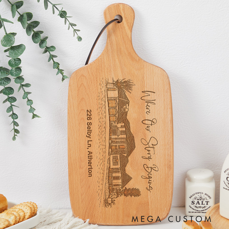 Personalized Hand Drawn Home Story Wooden Cutting Board with Custom Address for Housewarming Keepsake