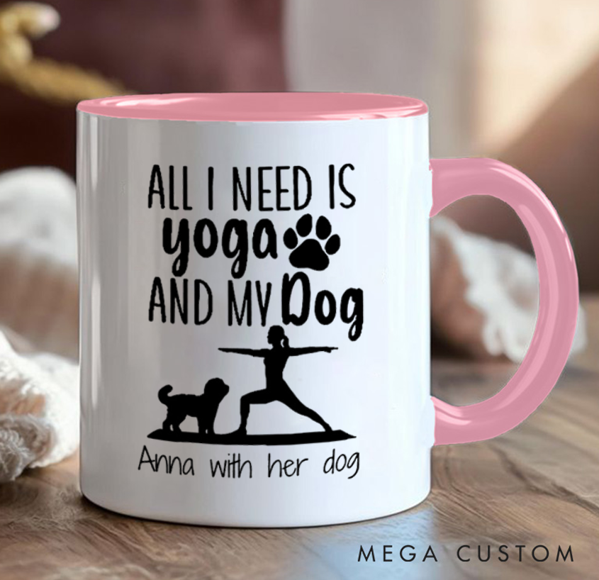 Personalized Yoga Mug with Yoga Pose Silhouettes and Cute Dog Patterns Custom Name Perfect Gift for Yoga Lover and Pet Lover