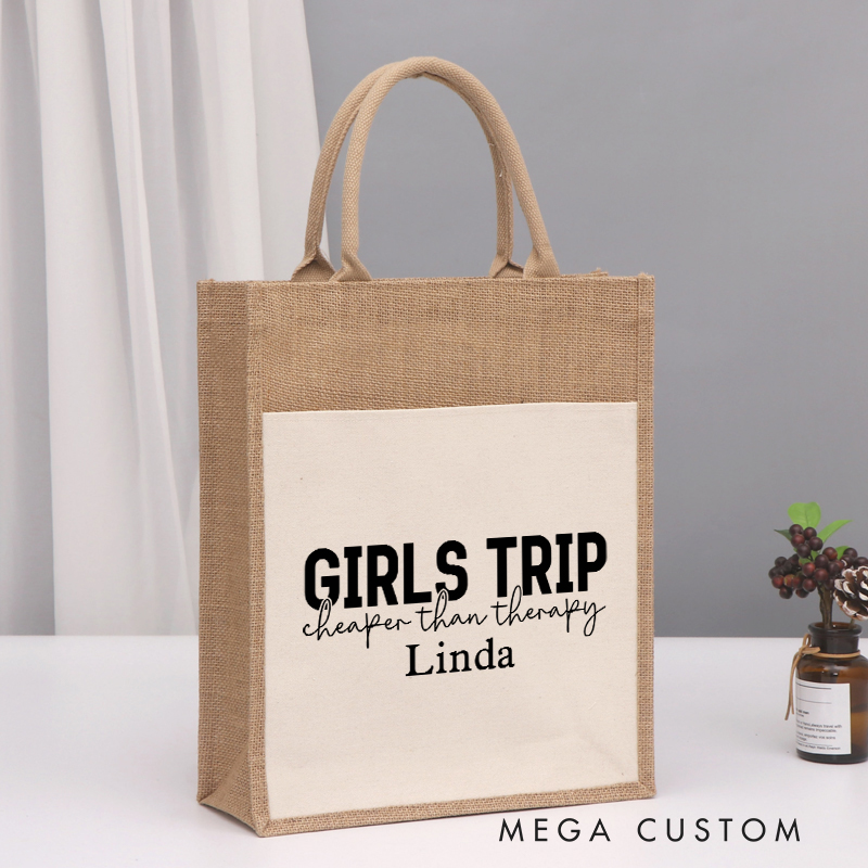 Personalized Girls Trip Cheaper Than Therapy Tote Bag Gift for Traveling Lovers Vacation Gift Jute Bag
