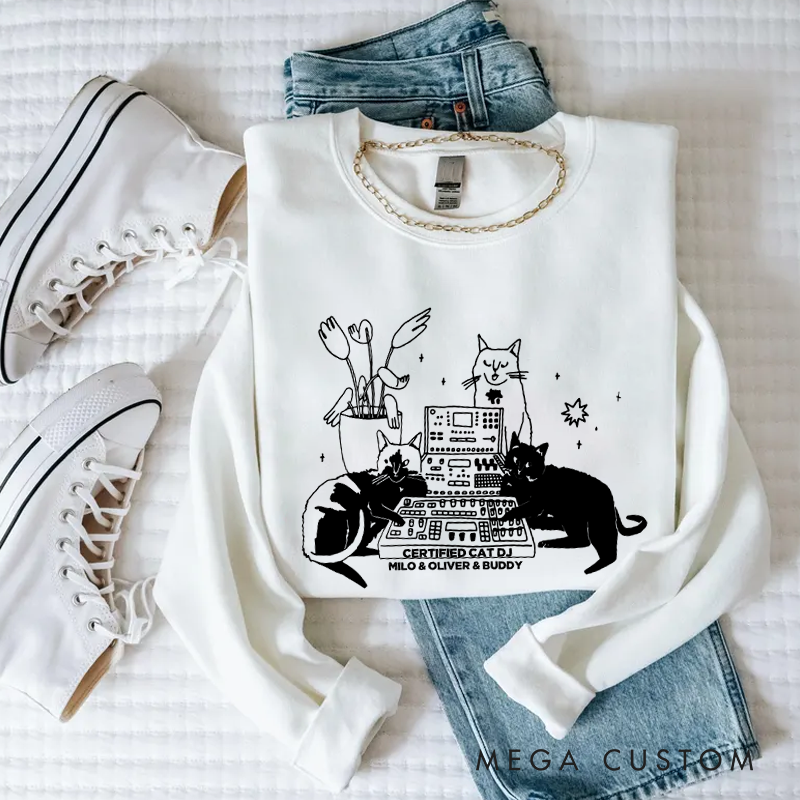 Personalized Classic Sweatshirts with Cat Sitting on Synthesizer and DJ Cat Illustration and Available in Multiple Colors