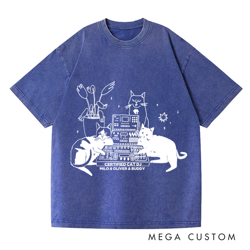 Personalized Washed T-Shirts with Cat Sitting on Synthesizer and DJ Cat Illustration and Available in Multiple Colors