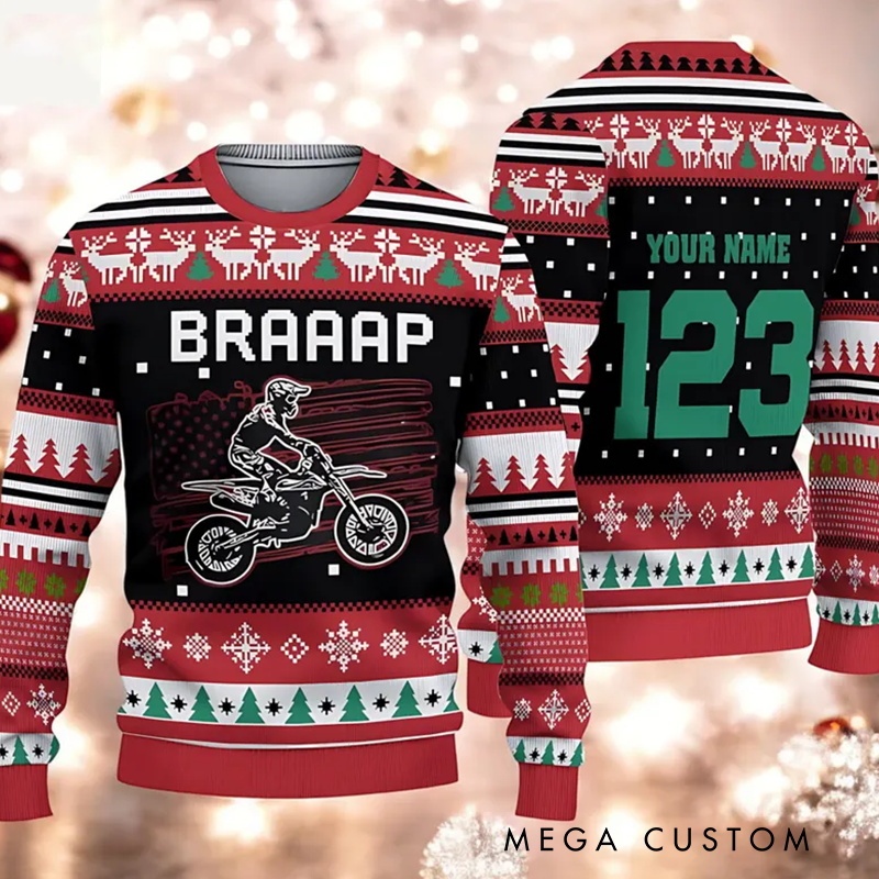 Personalized Motocross American Flag Christmas Ugly Sweatshirt Custom Name and Number Ugly Sweater Xmas Gift for  Motorcyclist