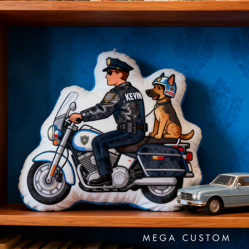 Personalized Police Motorcycle Officer and Dog Plush Pillow Custom Name Graphic 3D Print Pillow 