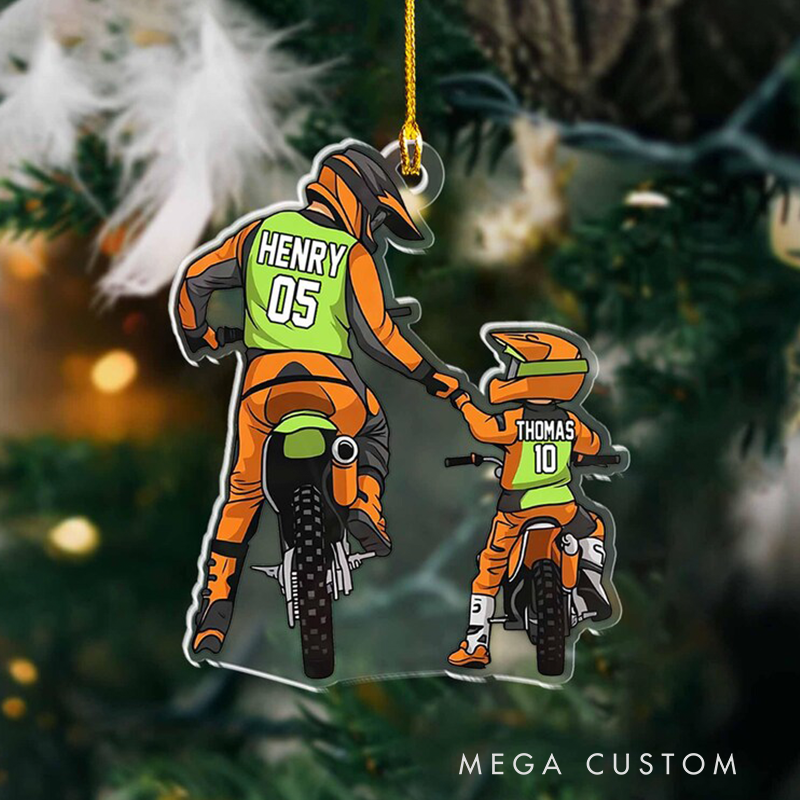Personalized Motocross Racer Ornament Dad And Kid Motocross Lovers Dirt Biker Flat Ornament Christmas Ornament