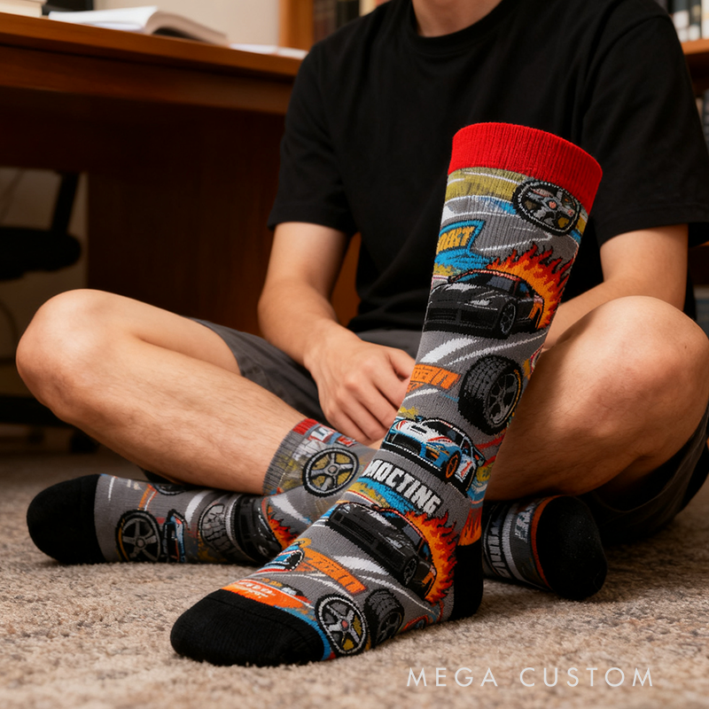 Personalized Racing Themed Socks Custom Name Funny Cotton Gift for Motorsport Fans Racing Socks Gift