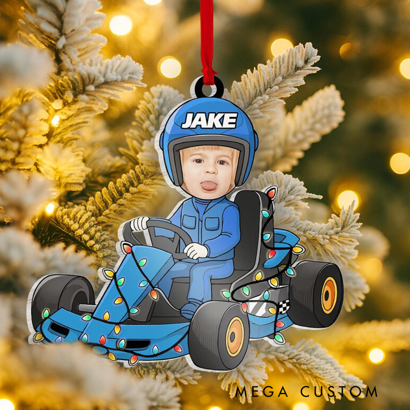 Personalized Kids Photo Ornament 2025 Custom Face Go Kart Racer Funny Christmas Gift for Boy