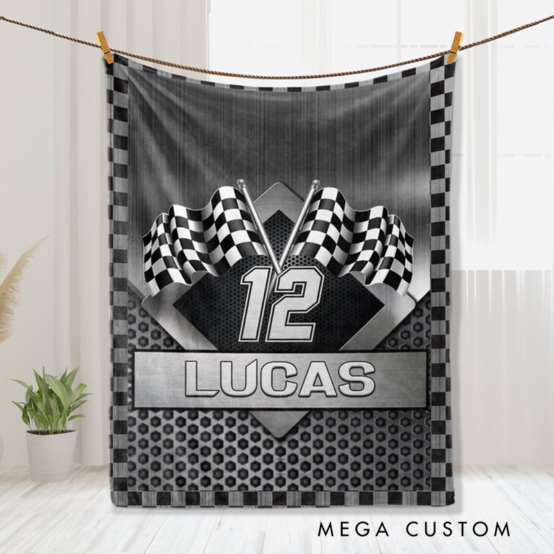 Personalized Racing Blanket Custom Name Number Soft Cozy Sherpa Fleece Throw Blankets Sport Gift