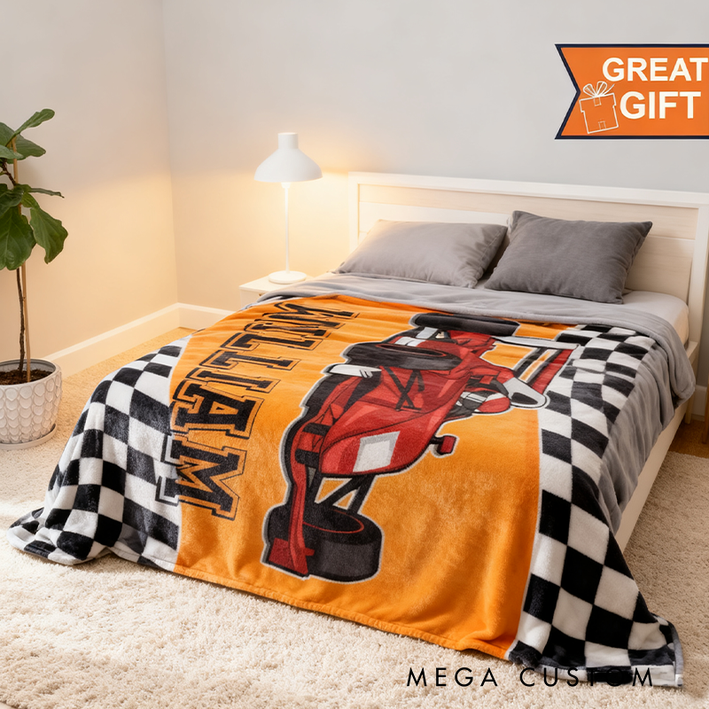 Personalized Racing Blanket Custom Name Soft Cozy Sherpa Fleece Throw Blankets Sport Gift