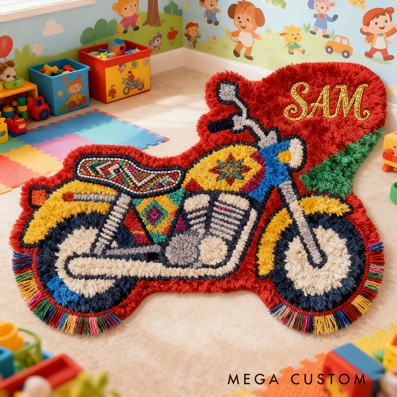 Personalized Motorcycle-Shaped Rug Custom Name Racer Speed Rugs Xmas Gift
