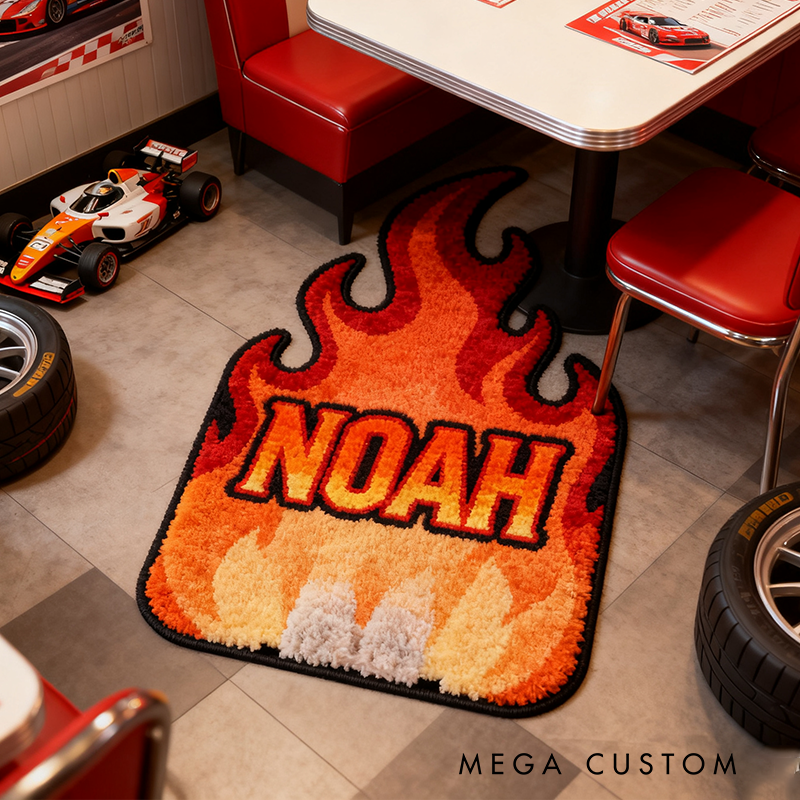 Personalized Flame Themed Rug with Name Custom Racer Speed Rugs Xmas Gift