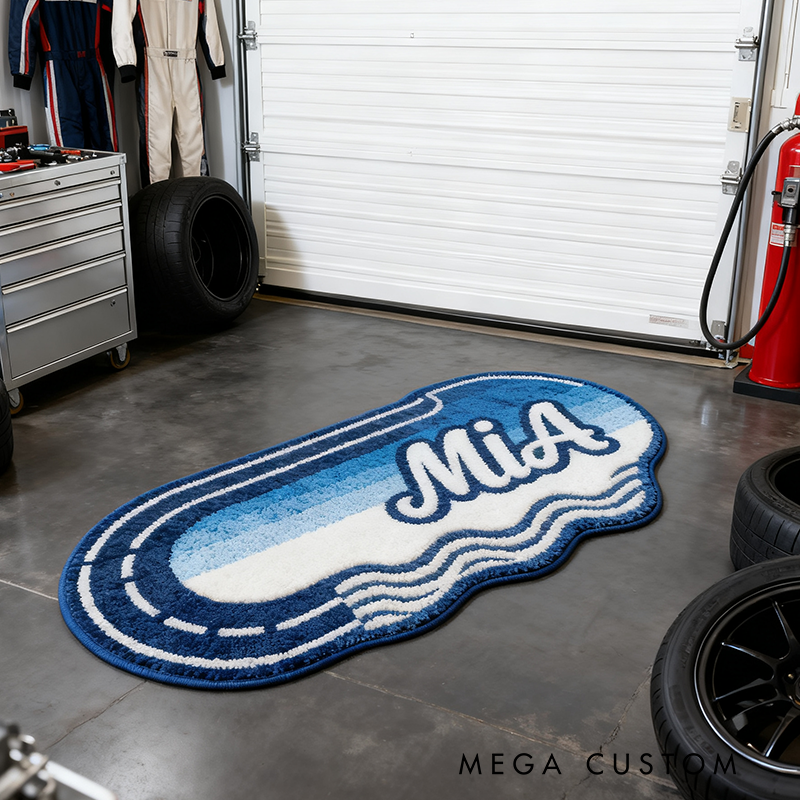 Personalized Blue Racetrack Rug with Name Custom Racer Speed Rugs Xmas Gift