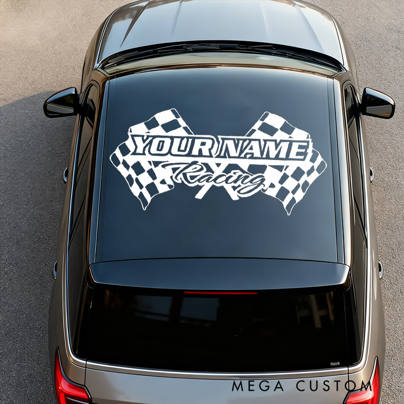 Personalized Racing Name with Checkered Flags Decal Sticker for Vehicles Custom Crew Car Decal Sticker