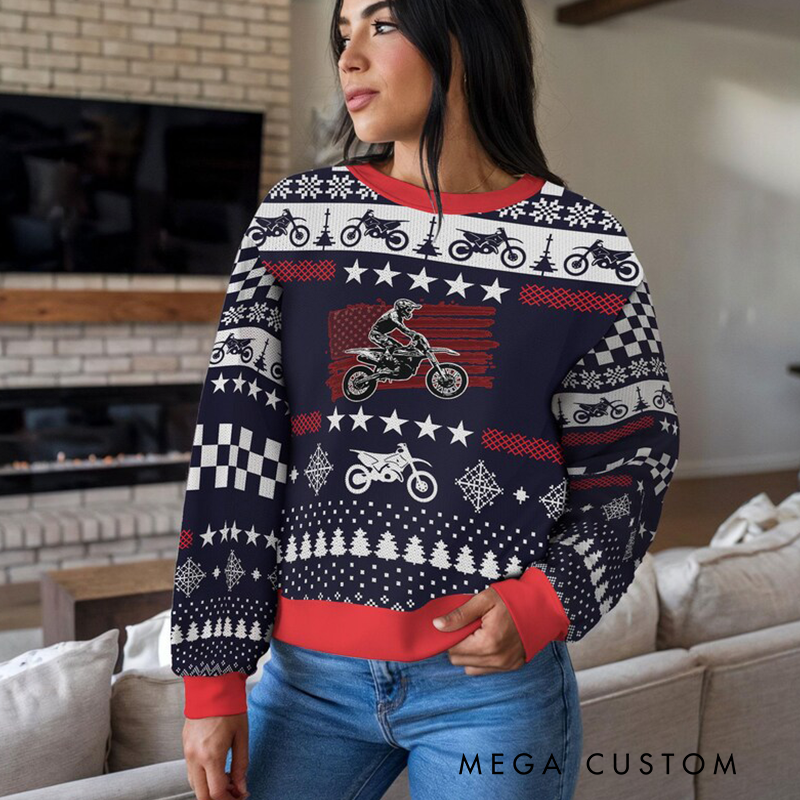 Personalized Motocross American Flag Christmas Ugly Sweatshirt Custom Name and Number Ugly Sweater Xmas Gift for  Motorcyclist