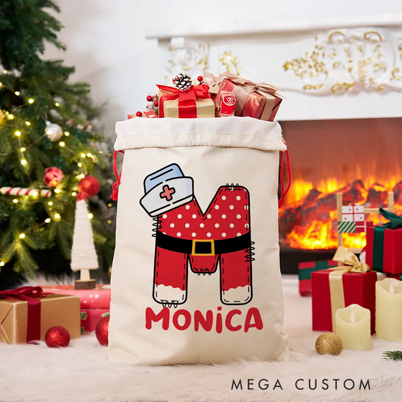 Personalized Nurse Santa Sack Custom Initial Christmas Gift Bag with Name