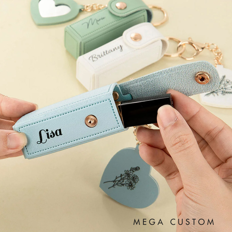 Personalized Line Flower Name Leather Lipstick Case Keychain with Heart-shaped Mirror Makeup Essentials Birthday Wedding Travel Gift for Women