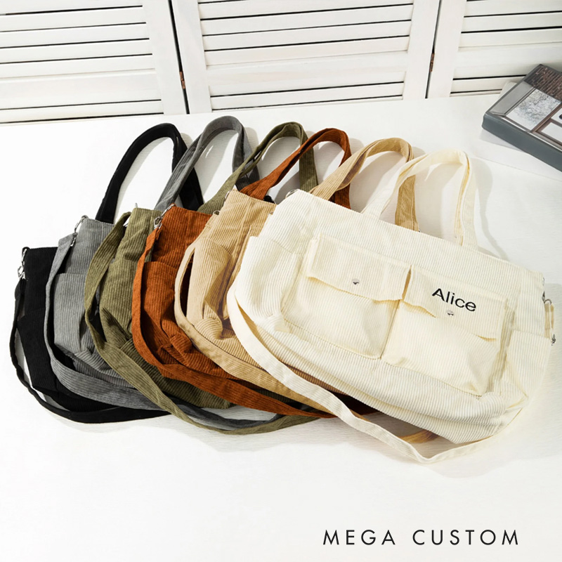 Personalized Leisure Corduroy Zipper Crossbody Tote Bag with Embroidered Name and Multiple Pockets Travel Accessories Birthday Gift for Family Friends