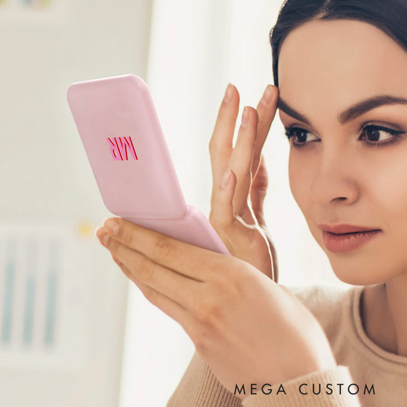 Personalized Shadow Monogram Stripe LED Double-Sided Foldable Compact Makeup Mirror with Initial Travel Accessories Birthday Gift for Bridesmaid Women