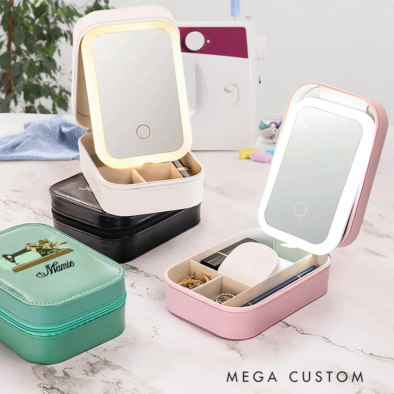 Personalized Watercolor Sewing Machine Birth Flower PU Leather Jewelry Box with LED Three-color Makeup Mirror Travel Essential Birthday Gift for Women