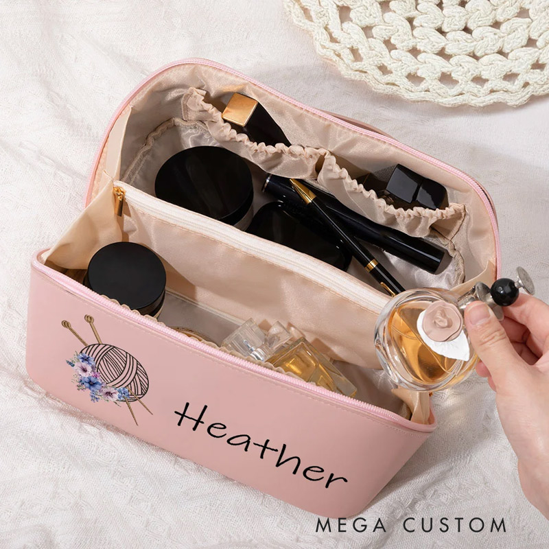 Personalized Birth Flower Crochet Wide Opening Leather Makeup Bag with Name Travel Accessories Birthday Wedding Gift for Bridesmaids Women
