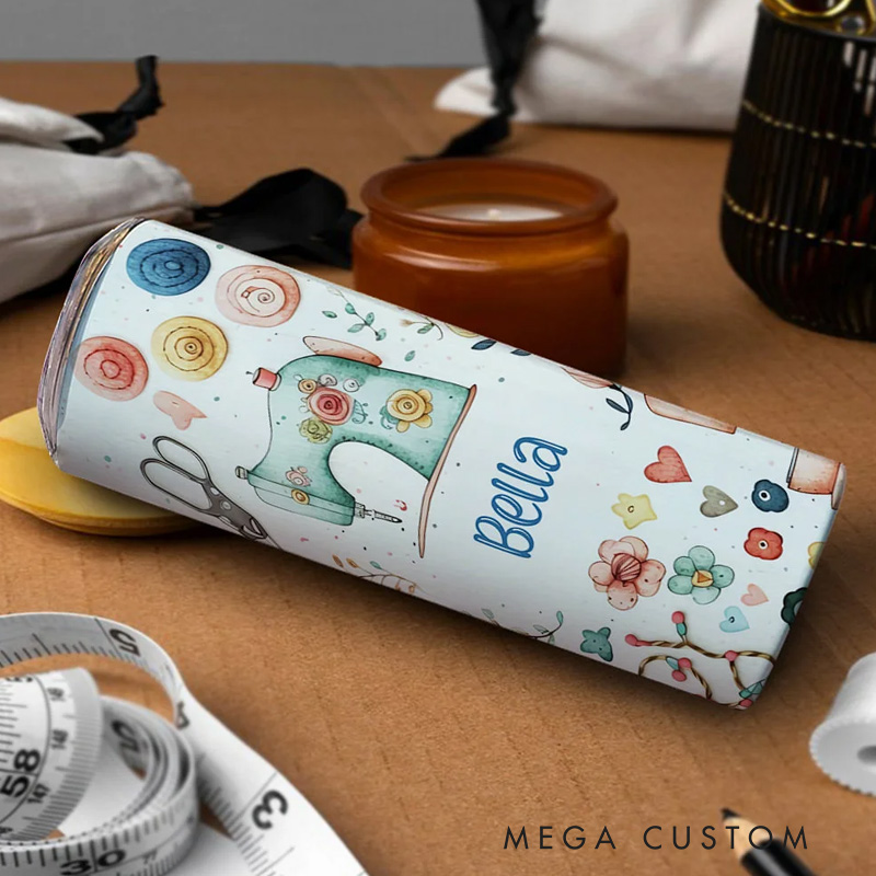 Personalized Sewing Theme Food Grade 20oz Skinny Tumbler with Lid and Straw Cleaning Brush Birthday Mother's Day Gift for Mother Sewing Lover