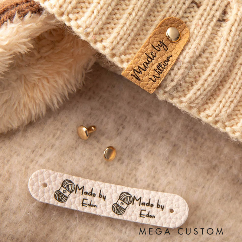 Personalized Set of 10 Made By Leather Crochet Knitted Tags Labels with Engraved Name Rivets Knitwear Accessories Gift for DIY Knitter Sewing Lovers