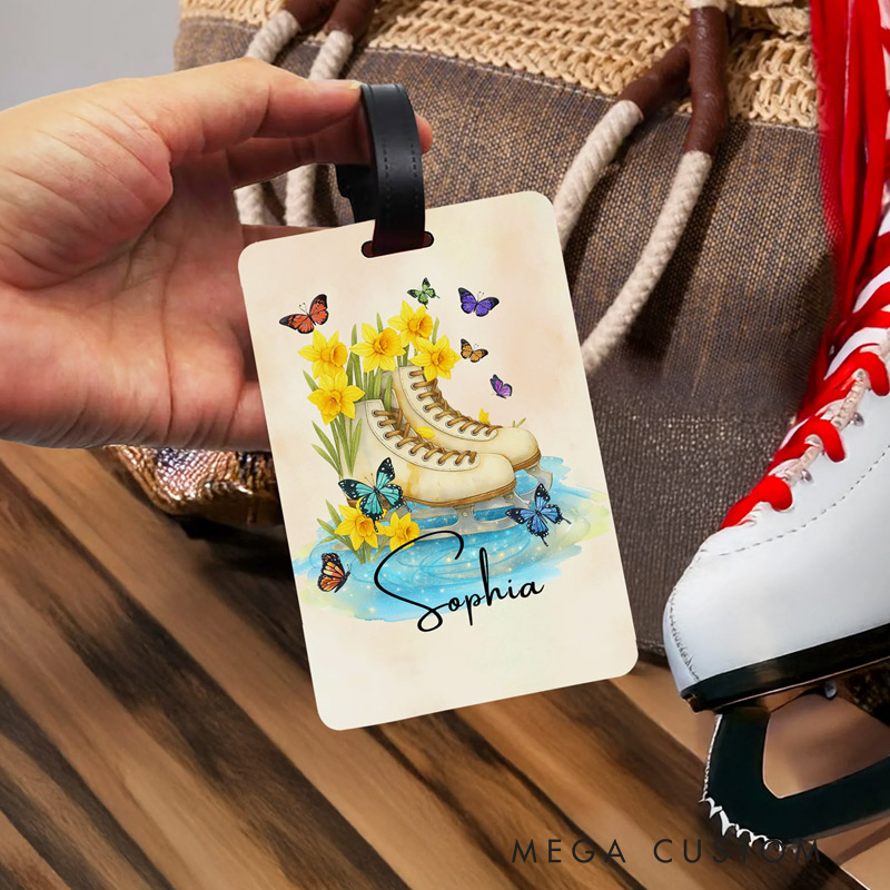 Personalized Birth Flower Ice Skating Luggage Tag with Name Travel Accessories Birthday Gift for Travel Lovers Skating Enthusiasts