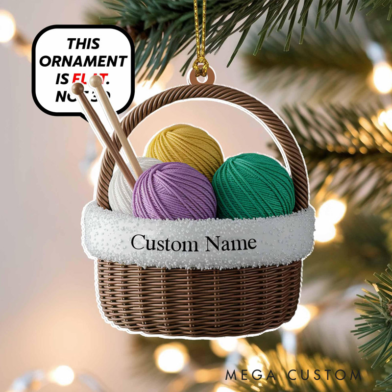 Personalized Knitting Basket Flat 2D Acrylic Christmas Ornament Tree Hanging Decor Personalized Yarn Ornament Gift for Knitters and Crochet Lovers