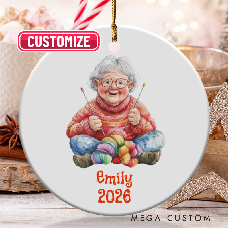 Personalized Grandma Knitting Ornament Hobby Gift for Knitter Elderly Woman Gift