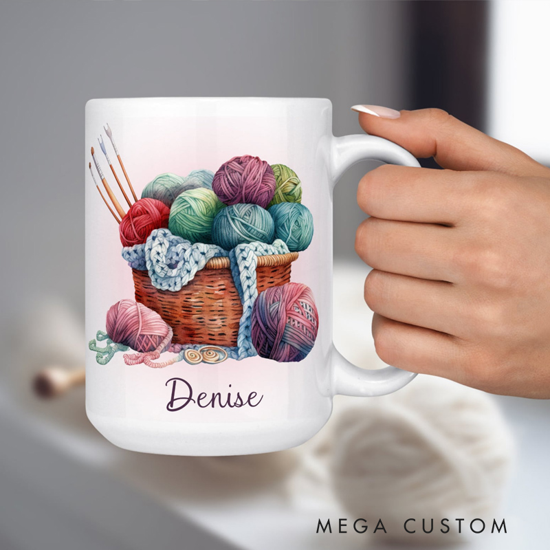 Personalized Knitting Coffee Mug Gifts for Knitting Lovers Yarn Basket and Custom Name