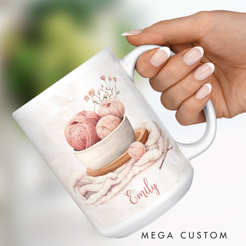 Personalized Knitting Coffee Mug Gifts for Knitting Lovers Floral Yarn and Custom Name