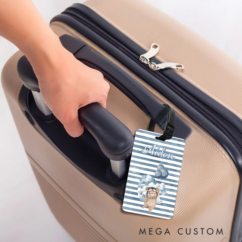 Personalized Cute Little Bear Pilot Watercolor Luggage Tag with Name Travel Accessories Birthday Holiday Gift for Boys Girls