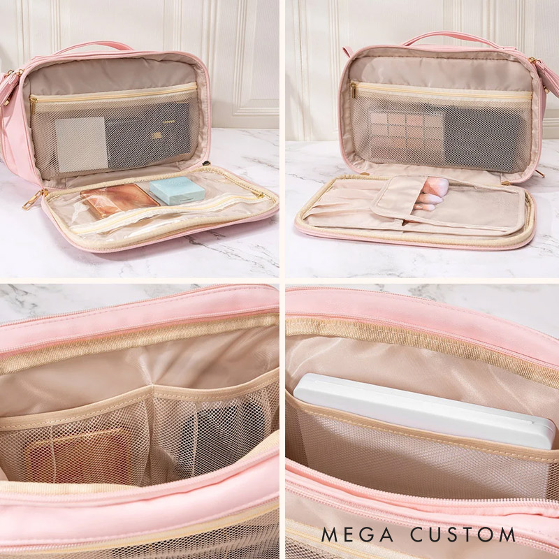 Personalized Simple Name Design Large Multi-compartment Leather Makeup Bag with Makeup Brush Holder Travel Essentials Birthday Gift for Women