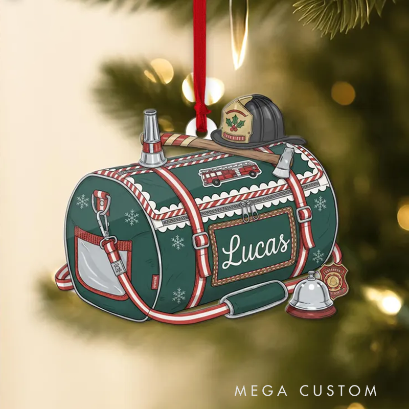 Personalized Firefighter Gear Bag Ornament Custom Acrylic or Wooden Xmas Tree Decor Gift for Fireman or Hero