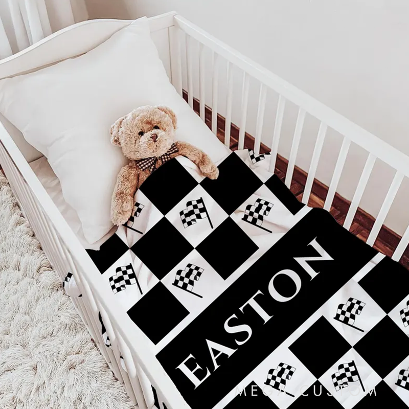 Personalized Race Car Baby Blanket Checkered Woven Cotton Boy Gift
