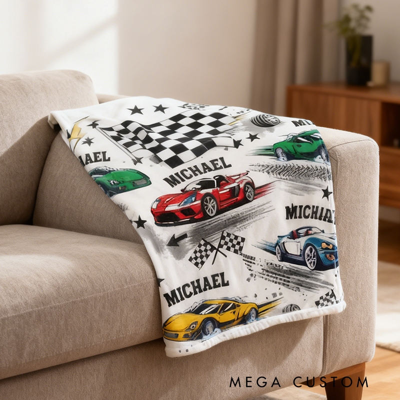 Personalized Race Car Blanket Custom Name Race Car Throw Blanket Xmas Gift