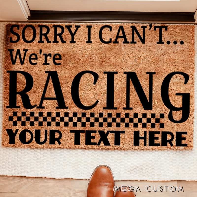 Personalized We’re Racing Doormat with Checkered Flag Accent