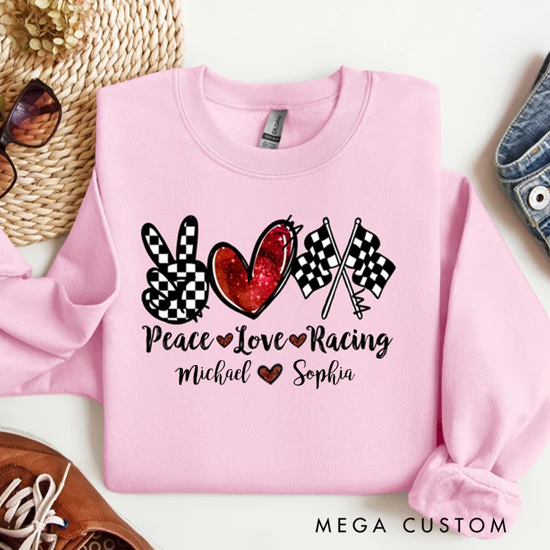 Personalized Peace Love Racing Sweater Racing Sweatshirt For Women Race Day Sweatshirt Race Season Gifts Checkered Flag Hoodie