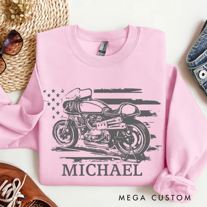 Personalized Pink Motorcycle & USA Flag Sweatshirt Custom Moto Crewneck Sweatshirt 